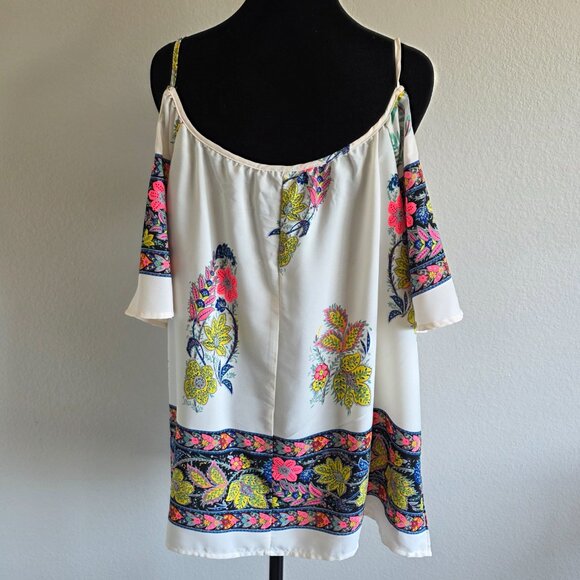 NEW Moon Collection Blouse Top Cold Shoulder Semi Sheer Artsy Floral Size XL - Picture 6 of 11